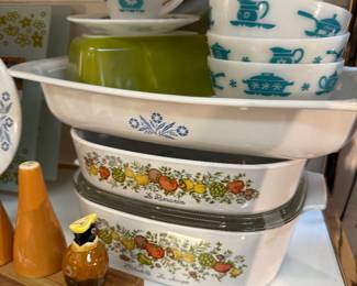 vintage corning roaster pan, spice of life casserole dishes, kitchen aid collectible bowls and tea cups & saucers