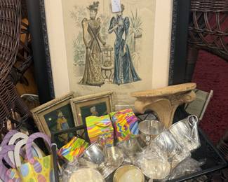 vintage framed art, silver plate cups, bunny