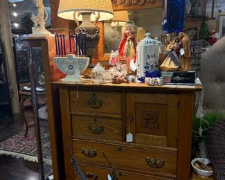 vintage oak highboy, lamps, salt & pepper collectibles