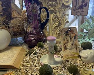 Beautiful purple hand painted pitcher, bunny prints, column design decor piece