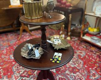 vintage 2-tier table, vintage brass pheasant, vintage brass tea caddy/vanity table piece