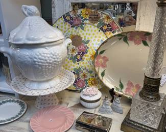 white soup tureen with grape design, Mackenzie Child's "buttercup" collection floral plate, pink dish, Franciscan Desert Rose platter