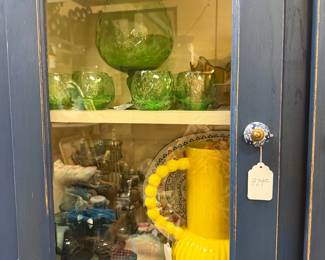 green glassware, yellow pitcher