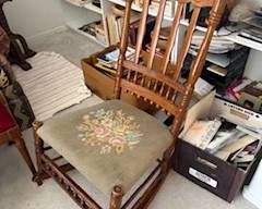 Pressed oak rocker with needlepointed seat