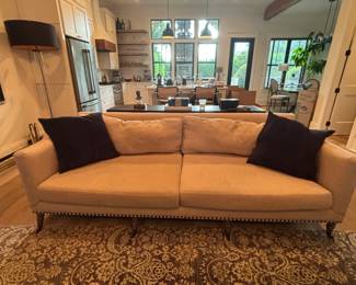 Pottery Barn Linen Sofa with Nailhead Trim & Turned Legs