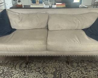 Pottery Barn Linen Sofa with Nailhead Trim & Turned Legs