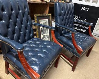 Pair blue leather Gainsborough style vintage armchairs 