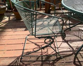 D34 - $150. Patio table and 4 chairs with umbrella stand. Umbrella may need to be replaced. Metal/iron painted green. Solid and sturdy. Table measures 58” wide x 38” deep x 27” tall. 