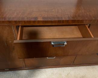 D25 - $400. Stanley bedroom set. Queen size bed, side table, tall, dresser, short dresser with two wall hanging mirrors. Bedside table measures 25” wide x 16” deep x 21.75” tall. Top is worn. Veneer chipped on the bottom.  Tall dresser measures 36” wide x 18.5” deep x 54” tall. Four drawers and three cubbies. Wear on doors from use.  Queen size headboard 49” tall. Mattress was used with a cover on it. Frame is on wheels. Frame is attached to the headboard. Long dresser measures 74” wide x 18.5” deep x 29.5 inches tall. Nine drawers. Some wear and veneer chipped off. Solid construction. Two mirrors measure 19“ wide x 45“ tall. 