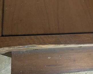 D25 - $400. Stanley bedroom set. Queen size bed, side table, tall, dresser, short dresser with two wall hanging mirrors. Bedside table measures 25” wide x 16” deep x 21.75” tall. Top is worn. Veneer chipped on the bottom.  Tall dresser measures 36” wide x 18.5” deep x 54” tall. Four drawers and three cubbies. Wear on doors from use.  Queen size headboard 49” tall. Mattress was used with a cover on it. Frame is on wheels. Frame is attached to the headboard. Long dresser measures 74” wide x 18.5” deep x 29.5 inches tall. Nine drawers. Some wear and veneer chipped off. Solid construction. Two mirrors measure 19“ wide x 45“ tall. 