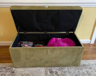 D6 - $30. Sage green storage bench. Measures 38” wide x 17” deep x 17” tall. 