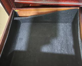 D24 - $40. Queen Anne style wooden jewelry box. Cherry finish. Measures 15.75” wide x 12” deep x 40” tall.  Some light scratches but overall good condition. Felt in the bottom two drawers is peeling, but easily repairable.