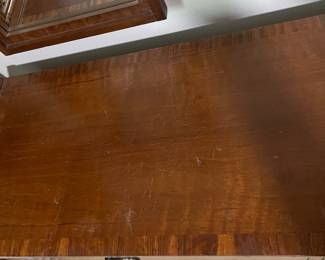 D25 - $400. Stanley bedroom set. Queen size bed, side table, tall, dresser, short dresser with two wall hanging mirrors. Bedside table measures 25” wide x 16” deep x 21.75” tall. Top is worn. Veneer chipped on the bottom.  Tall dresser measures 36” wide x 18.5” deep x 54” tall. Four drawers and three cubbies. Wear on doors from use.  Queen size headboard 49” tall. Mattress was used with a cover on it. Frame is on wheels. Frame is attached to the headboard. Long dresser measures 74” wide x 18.5” deep x 29.5 inches tall. Nine drawers. Some wear and veneer chipped off. Solid construction. Two mirrors measure 19“ wide x 45“ tall. 