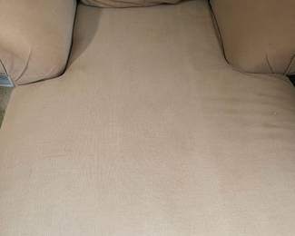 D27 - $75. Klaussner chaise lounge chair. Some sun fading on cushion. One piece for transport. Measures 45” wide x 60” deep x 28” tall. No pets or smoking.