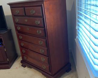 D10 - $150. Solid wood 5-drawer dresser. Measures 36” wide x 18.5” deep x 49” tall. 