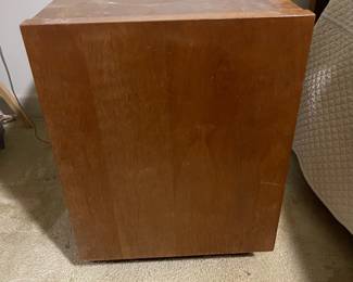 D25 - $400. Stanley bedroom set. Queen size bed, side table, tall, dresser, short dresser with two wall hanging mirrors. Bedside table measures 25” wide x 16” deep x 21.75” tall. Top is worn. Veneer chipped on the bottom.  Tall dresser measures 36” wide x 18.5” deep x 54” tall. Four drawers and three cubbies. Wear on doors from use.  Queen size headboard 49” tall. Mattress was used with a cover on it. Frame is on wheels. Frame is attached to the headboard. Long dresser measures 74” wide x 18.5” deep x 29.5 inches tall. Nine drawers. Some wear and veneer chipped off. Solid construction. Two mirrors measure 19“ wide x 45“ tall. 