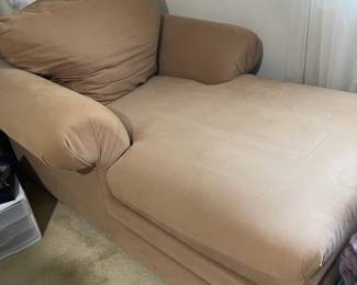 D27 - $75. Klaussner chaise lounge chair. Some sun fading on cushion. One piece for transport. Measures 45” wide x 60” deep x 28” tall. No pets or smoking.