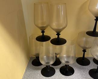 D20 - $75. Fostoria Eloquence Onyx glasses. (2-6”, 6-6.5”, 14-7.25”, 8-5.5”)