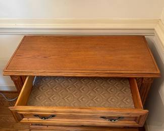 D1 - $150. Giuseppe Arcase English Oak buffet. Measures 38” wide x 17” Deep x  30.5” tall. 