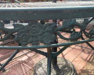 D34 - $150. Patio table and 4 chairs with umbrella stand. Umbrella may need to be replaced. Metal/iron painted green. Solid and sturdy. Table measures 58” wide x 38” deep x 27” tall. 