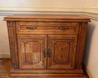 D1 - $150. Giuseppe Arcase English Oak buffet. Measures 38” wide x 17” Deep x  30.5” tall. 
