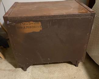 D25 - $400. Stanley bedroom set. Queen size bed, side table, tall, dresser, short dresser with two wall hanging mirrors. Bedside table measures 25” wide x 16” deep x 21.75” tall. Top is worn. Veneer chipped on the bottom.  Tall dresser measures 36” wide x 18.5” deep x 54” tall. Four drawers and three cubbies. Wear on doors from use.  Queen size headboard 49” tall. Mattress was used with a cover on it. Frame is on wheels. Frame is attached to the headboard. Long dresser measures 74” wide x 18.5” deep x 29.5 inches tall. Nine drawers. Some wear and veneer chipped off. Solid construction. Two mirrors measure 19“ wide x 45“ tall. 