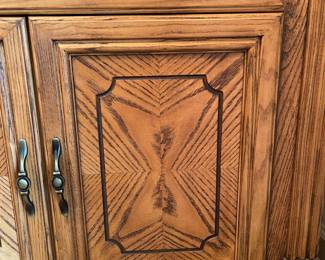 D1 - $150. Giuseppe Arcase English Oak buffet. Measures 38” wide x 17” Deep x  30.5” tall. 