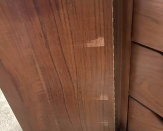 D25 - $400. Stanley bedroom set. Queen size bed, side table, tall, dresser, short dresser with two wall hanging mirrors. Bedside table measures 25” wide x 16” deep x 21.75” tall. Top is worn. Veneer chipped on the bottom.  Tall dresser measures 36” wide x 18.5” deep x 54” tall. Four drawers and three cubbies. Wear on doors from use.  Queen size headboard 49” tall. Mattress was used with a cover on it. Frame is on wheels. Frame is attached to the headboard. Long dresser measures 74” wide x 18.5” deep x 29.5 inches tall. Nine drawers. Some wear and veneer chipped off. Solid construction. Two mirrors measure 19“ wide x 45“ tall. 