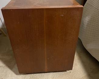 D25 - $400. Stanley bedroom set. Queen size bed, side table, tall, dresser, short dresser with two wall hanging mirrors. Bedside table measures 25” wide x 16” deep x 21.75” tall. Top is worn. Veneer chipped on the bottom.  Tall dresser measures 36” wide x 18.5” deep x 54” tall. Four drawers and three cubbies. Wear on doors from use.  Queen size headboard 49” tall. Mattress was used with a cover on it. Frame is on wheels. Frame is attached to the headboard. Long dresser measures 74” wide x 18.5” deep x 29.5 inches tall. Nine drawers. Some wear and veneer chipped off. Solid construction. Two mirrors measure 19“ wide x 45“ tall. 