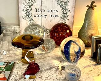 Vintage Perfume Bottle, Vintage Hand Made "Viking Glass" Mushroom,  Caithness "Air" glass paperweight, Vintage Amber Glass Big Controlled Bubbles Sphere Paperweight, 