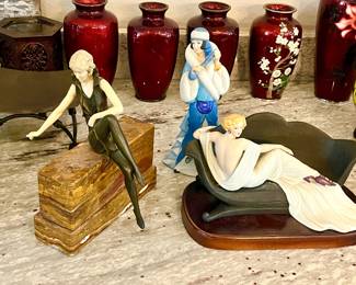 An Art Deco bronze and resin figure of a seated dancer on marble plinth; Louis ICART Figurine 1937 "Le Sofa" Art Deco Porcelain Wood Base; Lenox "Rhapsody in Blue" lady from the American Songbook Collection.  