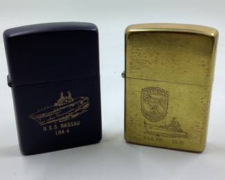 2) US Navy ship Zippos USS NASSAU LHA 4, USS FOX CG 33