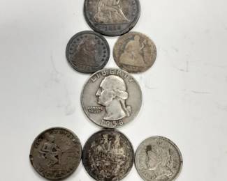 Mixed antique silver and collectable coins 1856 Seated Liberty Quarter, 1958 D Washington quarter, 1853 and 1877 seated liberty dimes, 1916 Russian 15 Kopeks coin, 1932 5 Centavos coin and 1865 3 cent nickel