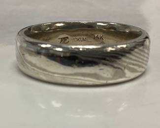  14k Mokume Gane ring 13.7 grams size 12.5, 7mm wide. Made by artist David Emslie by forging different precious metal to create wood grain pattern. Base metal is 14k gold