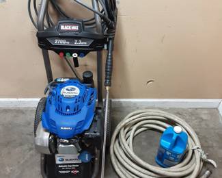 Black Max 2700psi pressure washer 174cc Subaru engine with soap dispenser tank, hose, and cleaner
