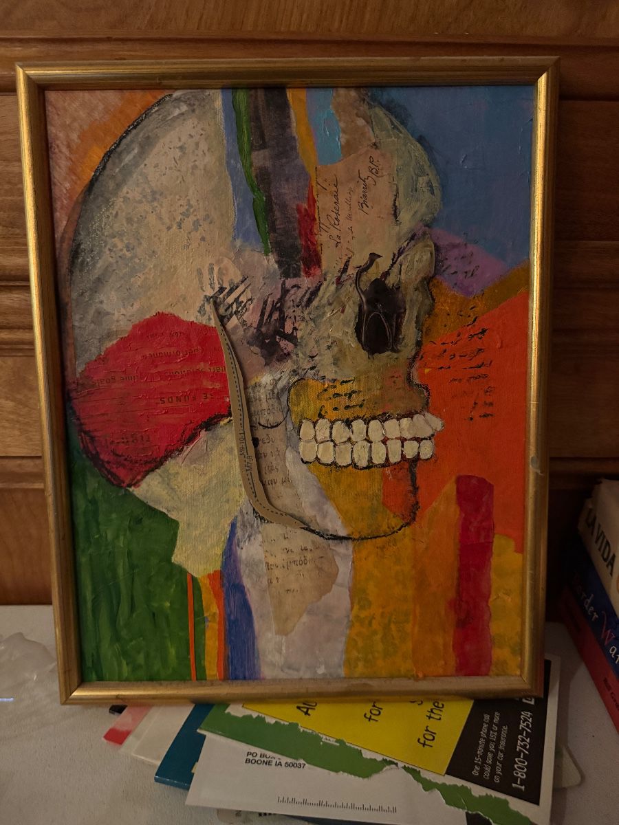 Framed Original Mixed Media on Canvas of Skeleton Head by Alicia Loudis Sommers - Artist info Located on Back of Artwork (11"W x 14"H) 