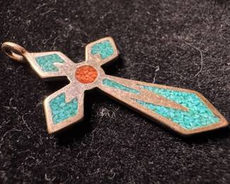 Sterling Silver & Turquoise with Coral Cross Pendant
