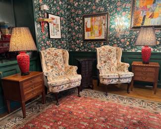 Fairdale Furniture "The Lord Fairfax" Queen Anne Style Wingback Floral Motif Armchair (31"W x 35"D x 43" Back Height / 2 Available) & Chinese Cinnabar Table Lamp (2 Available) & Korean 18 Drawer / 1 Door Apothecary Medicine Cabinet (19"W x 10-1/2"D x 31"H) & Heritage Henredon 3 Drawer Side Table (22"W x 18"D x 26"H / 2 Available)