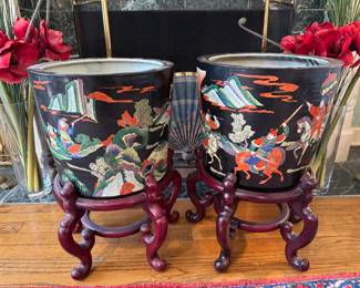 Vintage Hand-Painted Chinese Fishbowls with Battle Motif