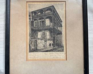 Framed Original Print "Old T'lansion" New Orleans Signed Willie Reed Rowe - "Print for Tom - Christmas -1966" Edition Ecl/100 (11"W x 14"H)