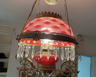 Victorian Antique Cranberry Glass Oil Electric Modified Chandelier