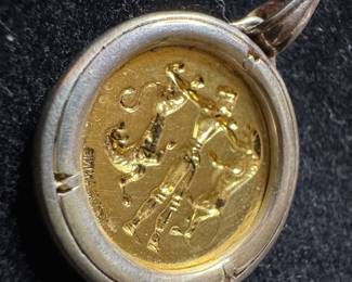 Sterling Silver Lined 18K Yellow Gold Byzantine Man with 2 Lions Concave Coin Pendant