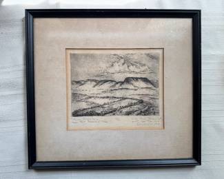 Framed Original Print "Tunas Creek Valley" Fort Stockton TX - Signed Willie Reed Rowe - "For Tom - Christmas 1966" Ed/100 (13"W x 12"H)