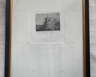 Framed Original Print "Mission La Bahia" Goliad Texas Signed Willie Reed Rowe - "Print for Tom & Susan, 29 June 1968" (8"W x 10"H)