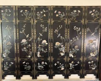 Vintage Chinese 6 Panel Coromandel Mother of Pearl Inlay Room Divider / Screen (96"W x 72"H)