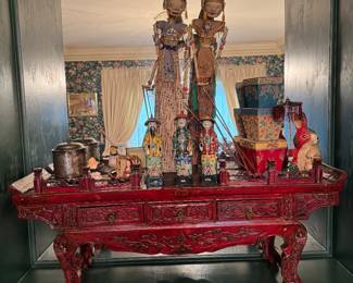 Chinese 3 Drawer Alter Table (12"D x 46-1/2"W x 20"H) with Indonesian Wooden Wayang Golek Puppets & Chinese Sanxing (Three Star) Porcelain Deity Statues
