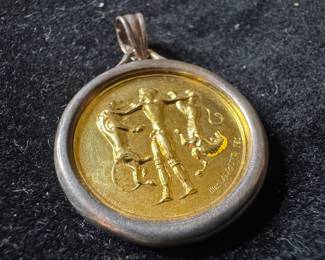 Sterling Silver Lined 18K Yellow Gold Byzantine Man with 2 Lions Concave Coin Pendant