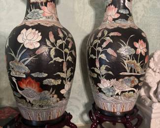 Vintage Chinese Hand- Painted Famille Noire Porcelain Vases (2 Available)