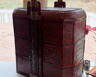 Large Vintage Chinese 3 Tiered Wood & Woven Rattan Picnic / Wedding Basket