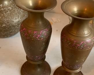 #147	Pair of brass vases w pink painted flowers 6" each	 $20.00 			